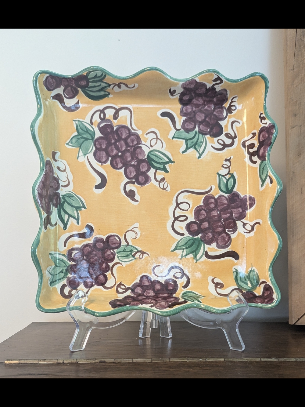 Fioriware Art Pottery Scalloped Square Tray Hand Painted Grapevine